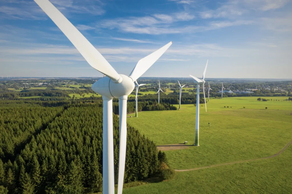 Wind turbines generating renewable energy across a rural landscape