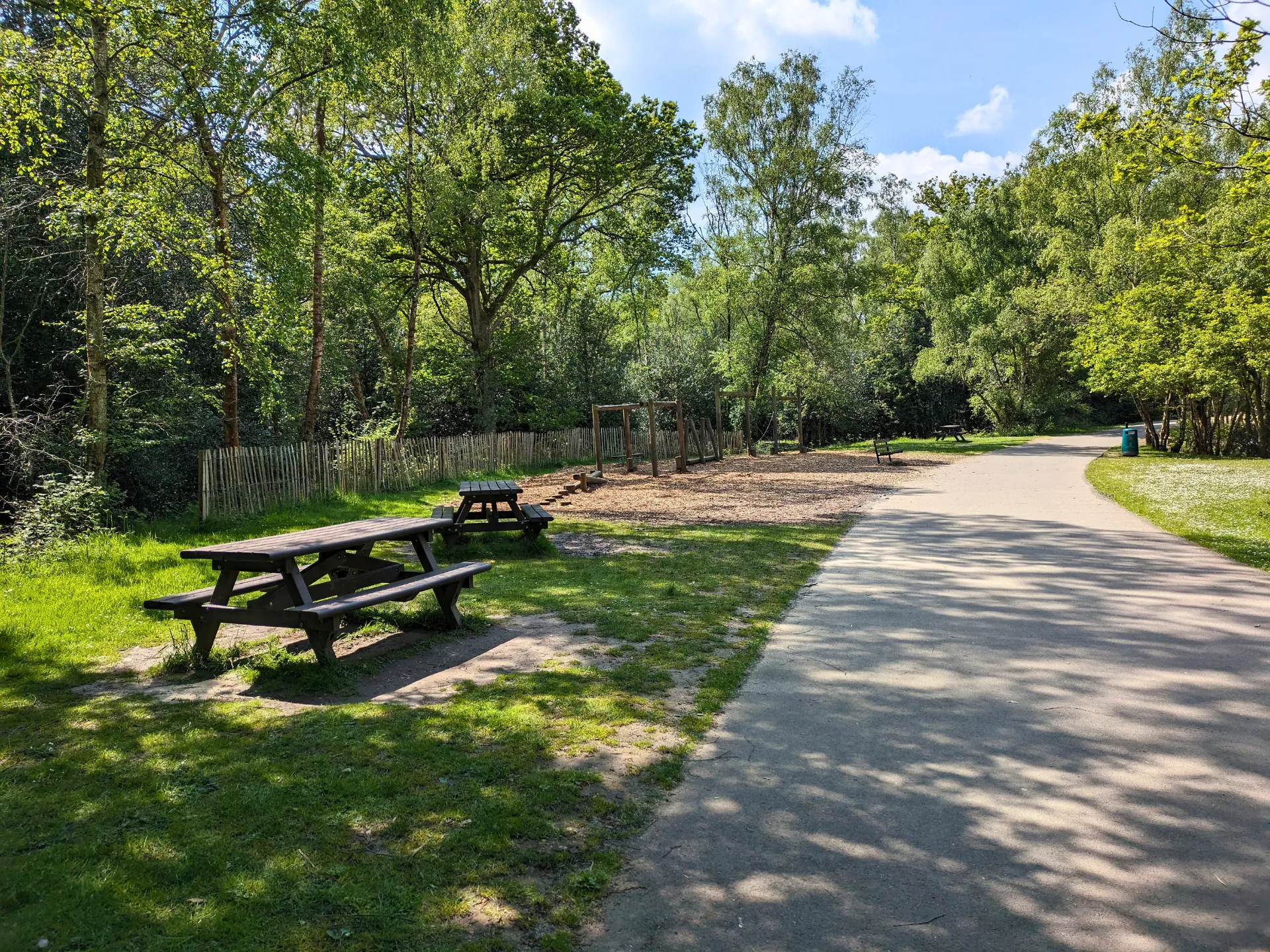 Park pathway with picnic benches and playground surrounded by trees