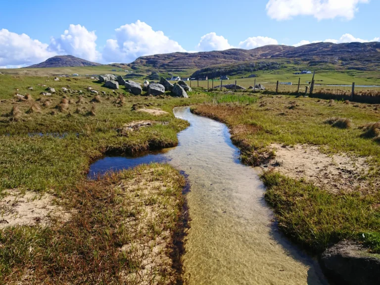 image of a winding stream flowing through a rural landscape with hills and scattered rocks